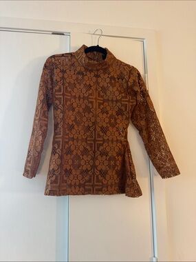 Brown Lace Mock Neck Long Sleeve Top